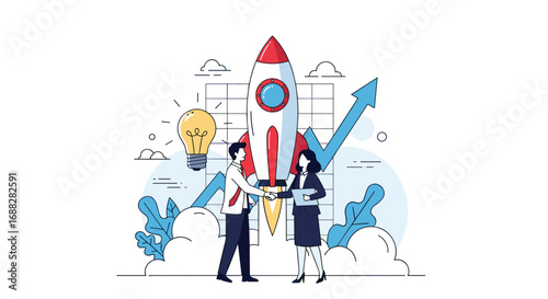 Two business people shaking hands in front of a rocket ship with a growth chart and lightbulb symbolizing a successful startup venture