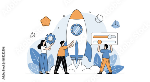 Successful startup launch featuring teamwork innovation and technological advancement