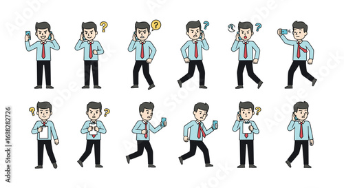 Business man characters talking on mobile phones with various emotions and actions