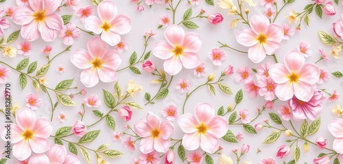 Delicate spring floral seamless pattern with blooming flowers, leaves, and vines in pastel colors,  party,  scrapbook