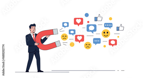 Attracting customer engagement using a giant magnet to draw social media icons and emojis demonstrating digital marketing strategies and online interaction