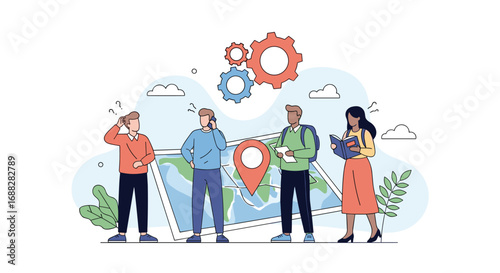 Team planning global travel routes and logistics for an adventurous journey together