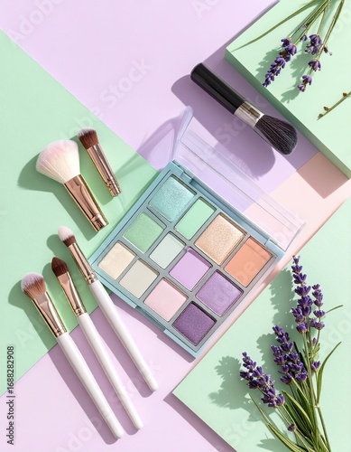Pastel makeup palette and brushes on a geometric background, featuring lavender sprigs