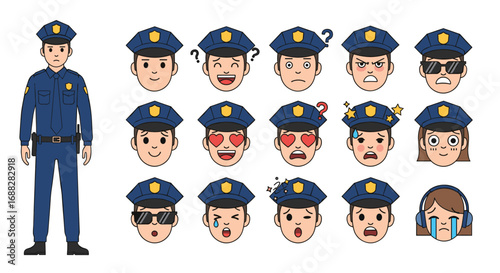 Diverse police officer emotions and expressions for design and communication needs