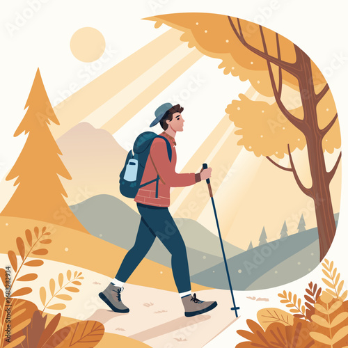 Solo hiker with backpack and trekking pole on a mountain trail.