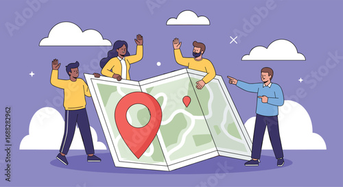 Diverse people working together with a large open map and location pins symbolizing teamwork and navigation challenges
