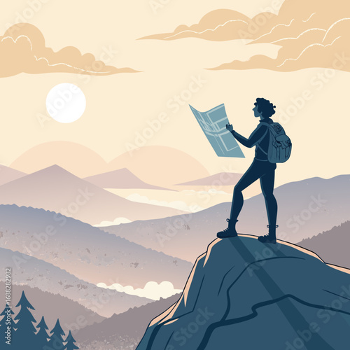 Solo traveler navigating with a map in a mountain landscape.