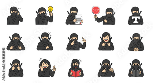 Ninja character set expressing various emotions and actions useful for illustrations and designs
