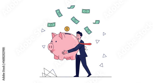 A man happily holds a piggy bank while money falls around him symbolizing financial success and savings