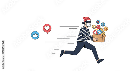 Digital bandit stealing social media likes reactions and popularity with a box of emoticons and symbols