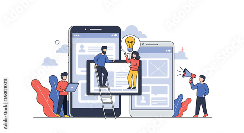 Creative team collaborating on mobile app development and user interface design process