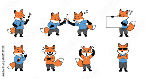 Cute cartoon fox characters expressing various emotions and activities engagingly