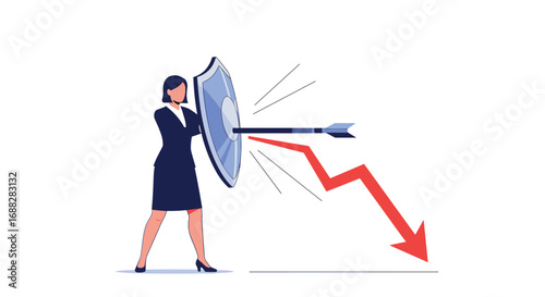 Businesswoman bravely defending her company from a falling arrow representing economic downturn and market risk using a protective shield