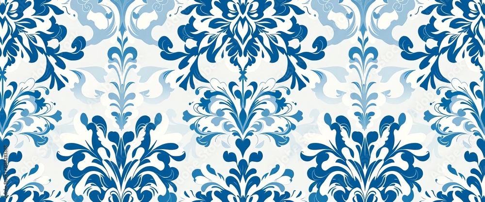 Elegant white & blue baroque floral damask seamless vector pattern , ornate pattern, vintage design