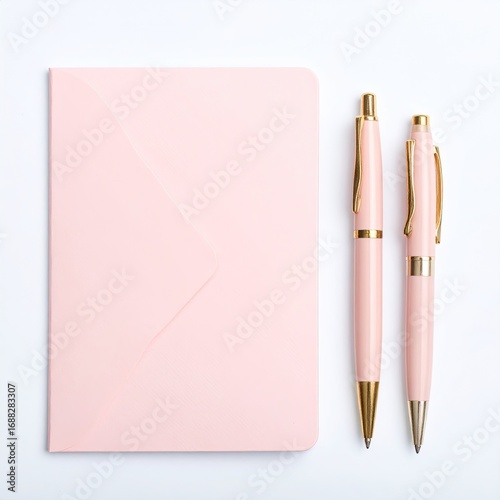 Pastel pink notebook and pens on white background