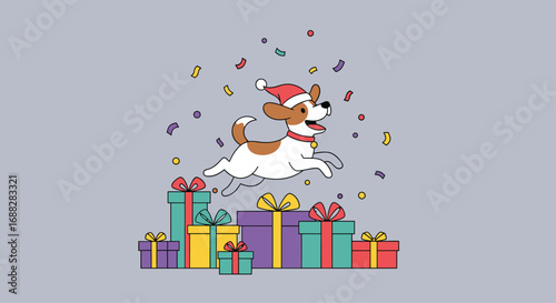 Joyful canine companion celebrates the holidays with a heap of wrapped gifts and festive confetti