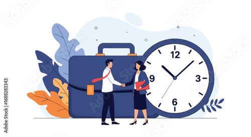 Business professionals shaking hands near a briefcase and a large clock symbolizing career success and time management for growth and opportunity