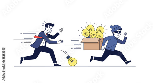 Business professional chasing a thief stealing a box full of lightbulb ideas innovation theft concept