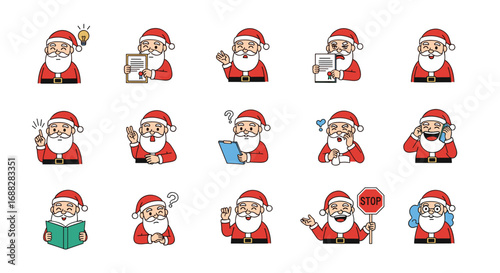 Collection of diverse pixelated santa claus emoticons expressing various emotions and actions