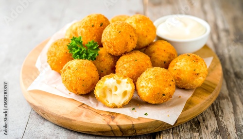 Crispy cheesy bites on a wooden board