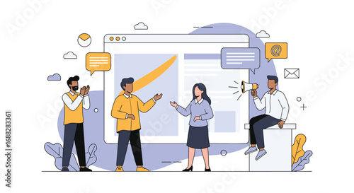 Illustrative depiction of a digital marketing team collaborating to enhance online presence and achieve growth objectives through strategic campaign execution and data analysis