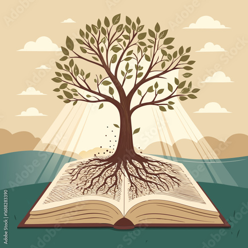 Symbolic Tree of Life Growing From an Open Book of Knowledge.
