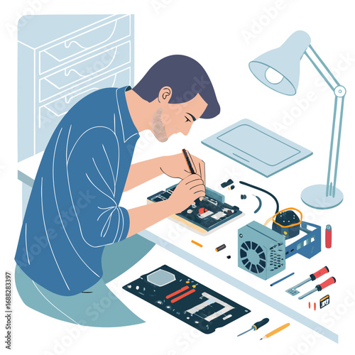 Technician focused on fixing electronic components on a circuit board.