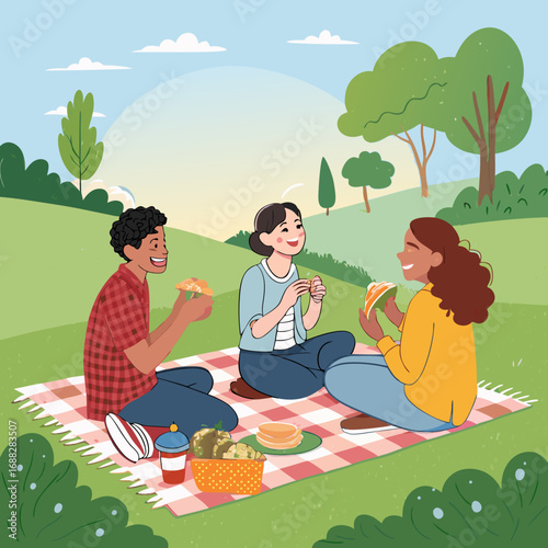 Three Diverse Friends Enjoying a Picnic in the Park.