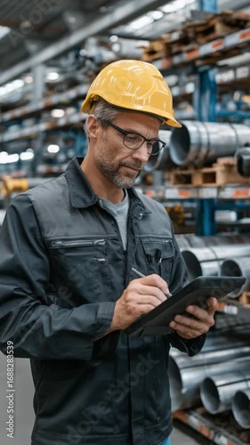 Industrial Insight: A focused and diligent worker, dressed in a uniform, meticulously examines documentation while standing amidst a warehouse of metal materials.