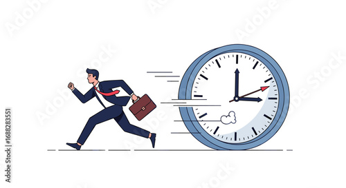 Businessman running fast against time with a briefcase and a giant clock showing the urgency of the moment