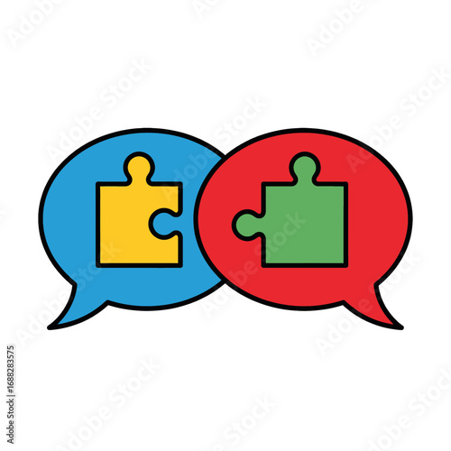 Interlocking Puzzle Pieces in Blue and Red Speech Bubbles Graphic Illustration on White Background