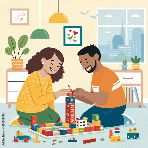 Two happy children building a colorful tower together.