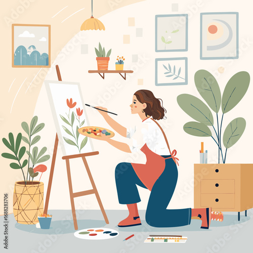 Woman artist painting a floral scene on a canvas in her cozy studio.