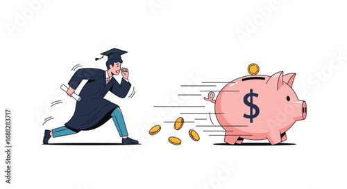 Student chasing piggy bank illustration depicting financial goals and higher education costs demands careful planning and investment