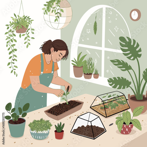 Woman carefully planting seedlings in a tray at home.