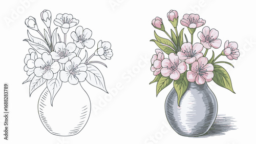 Cherry Blossom Flowers in Silver Vase Sketch and Color