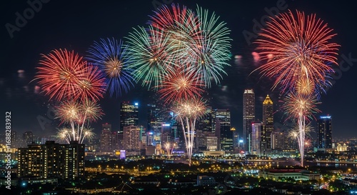 Celebrate new beginnings with vibrant fireworks exploding over stunning city skyline at night, creating magical moments