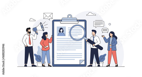 Recruitment process illustration showing a team reviewing candidate profiles and resumes with a magnifying glass for hiring new employees