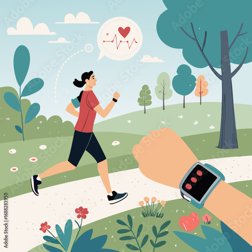 Woman Jogging in Park with Smartwatch Fitness Tracker.