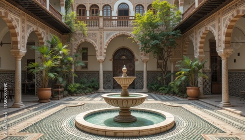 A serene courtyard with a central fountain surrounded by ornate architecture and lush greenery views
