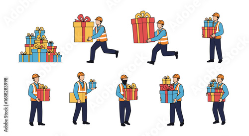Delivery personnel carrying and transporting numerous wrapped gift packages for special occasions and celebrations