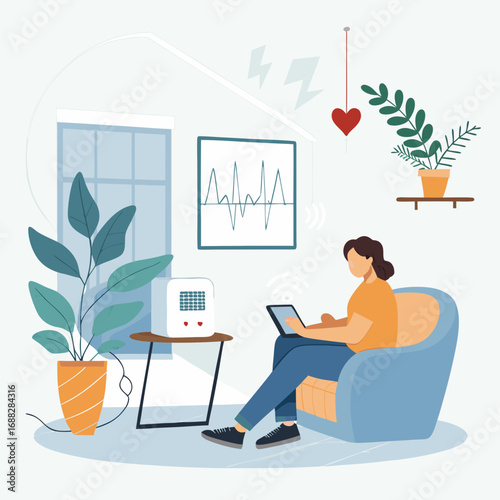 Woman undergoing biofeedback therapy session while working on a laptop.