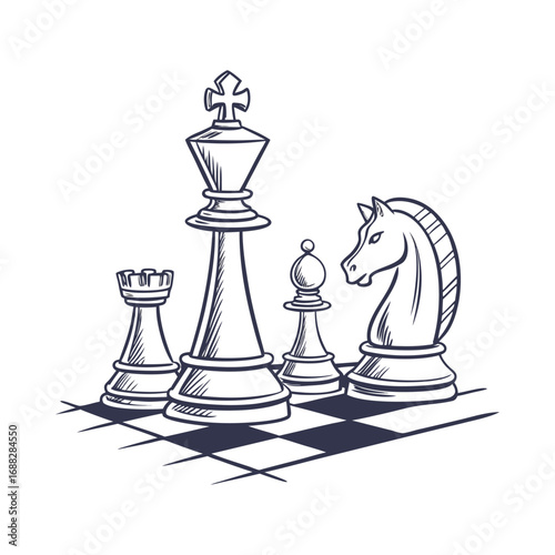 The elegance of strategy sketched out with chess pieces ready for battle and clever thinking on a monochrome checkered