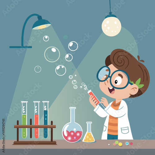 Young Boy Scientist Conducting a Fun Chemistry Experiment in a Lab.