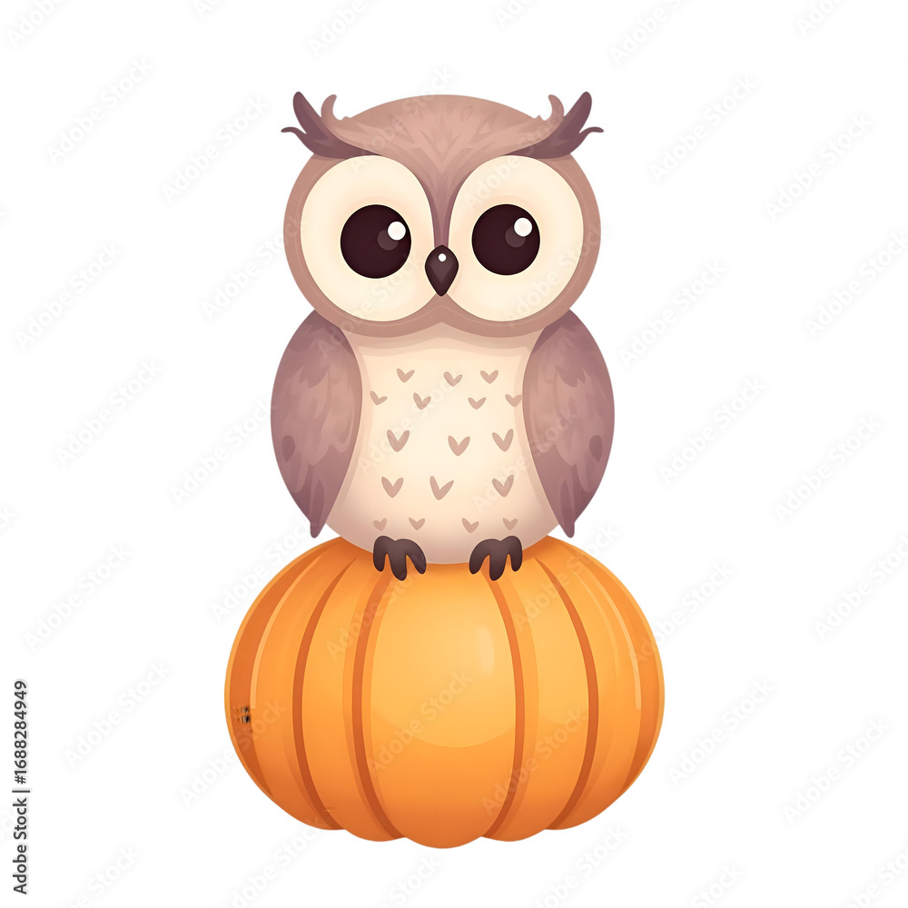 Fototapeta premium Adorable Owl perched atop a bright orange pumpkin isolated on transparent background Generative AI.