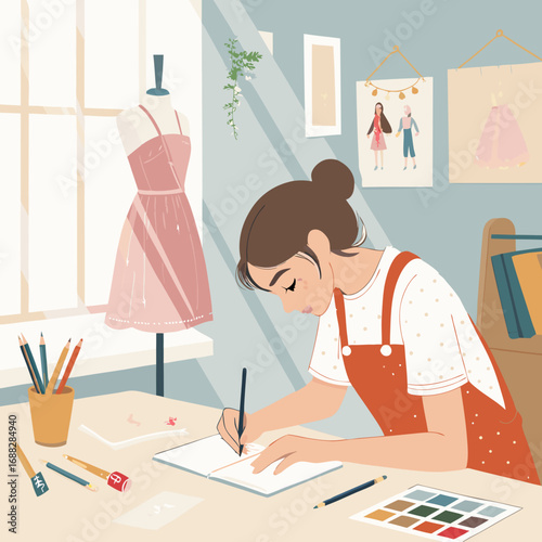 Young Female Fashion Designer Sketching a New Dress.