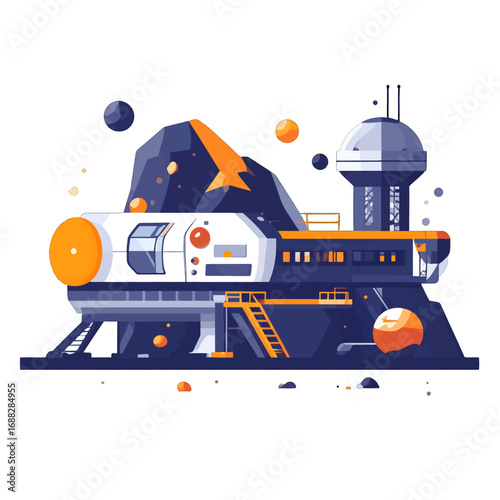 Futuristic Blue and Orange Space Station on Distant Planet with Pixel Art Style and Clean Isolated White Background