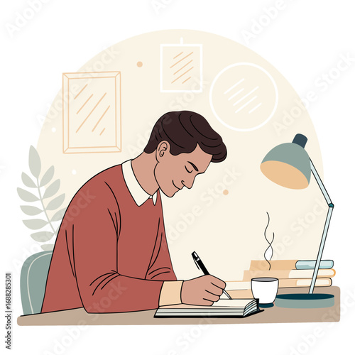 Young man studying and writing in a notebook at a desk.