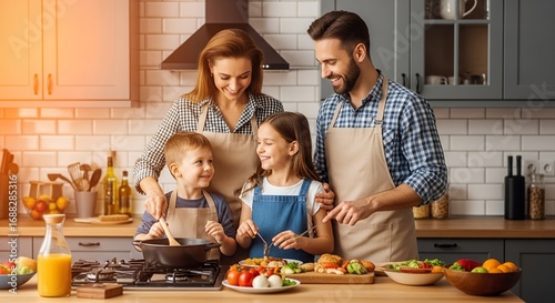 Happy family cooking healthy meal together in bright kitchen, creating cherished memories and enjoying quality time