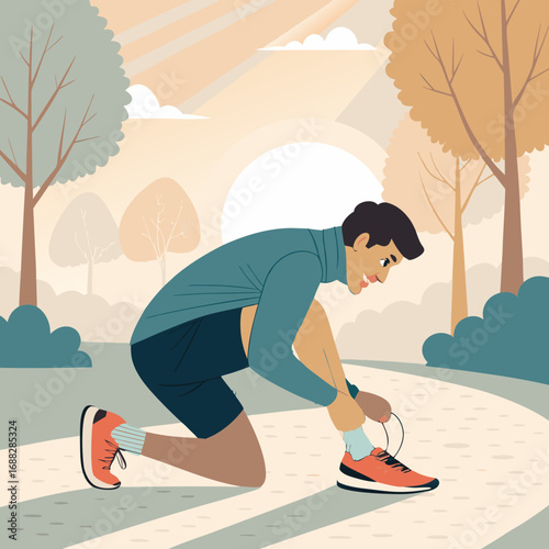 Young man tying his shoelaces before a morning run in the park.